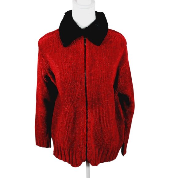 Kelly Scott, Red Zip Front Cardigan W/ Black Faux Fur Collar Size Medium Festive - Picture 1 of 16